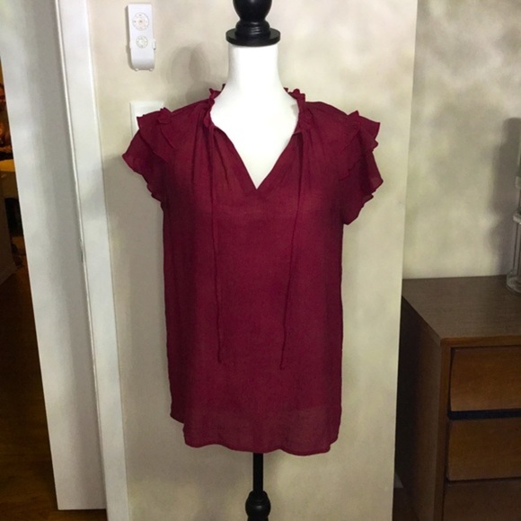 Amazon Tops - Maroon, Short Sleeve with Ruffle and tie detail Blouse